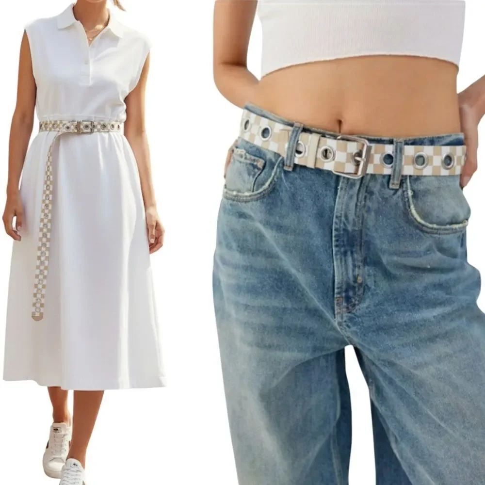 Beige white checkered grommet belt size M